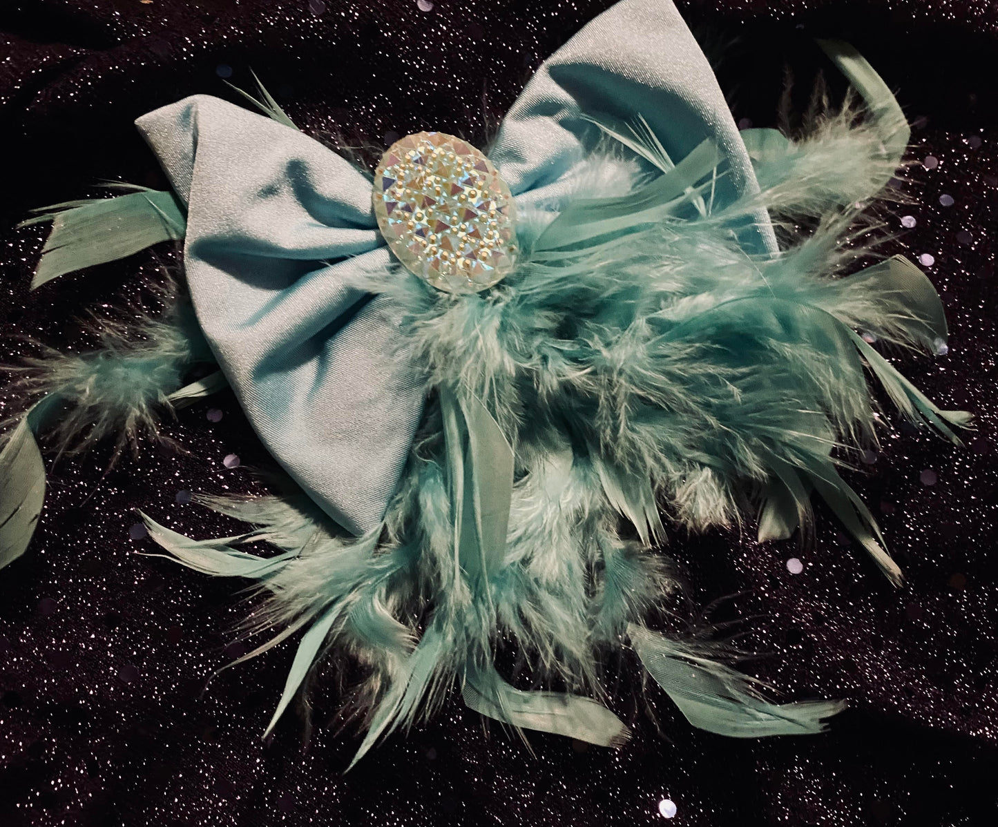 Bedazzling Aqua Jewel & Feathers Bow Hair Ornament  #003