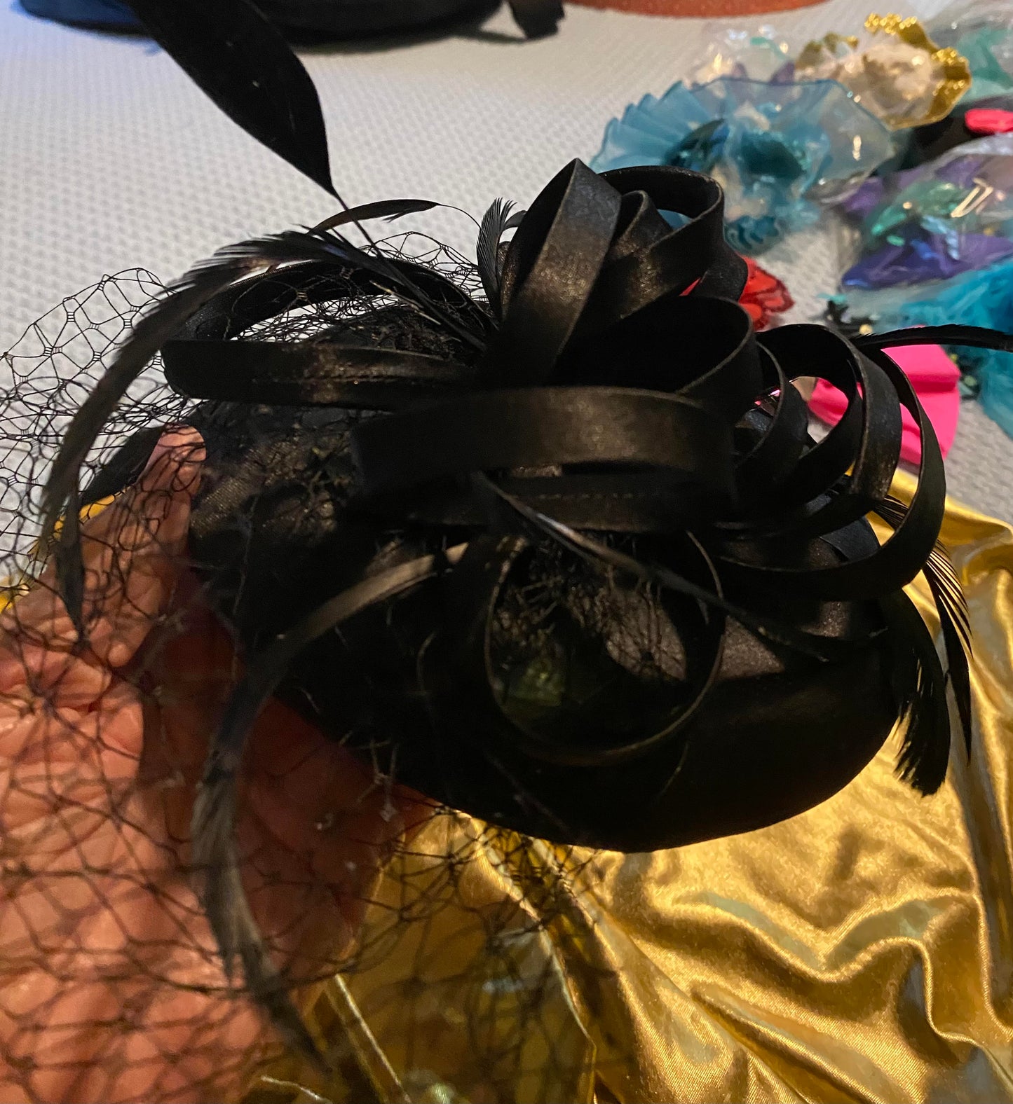 Black Satin Veiled Widow Fascinator Hat/Hair Ornament   002