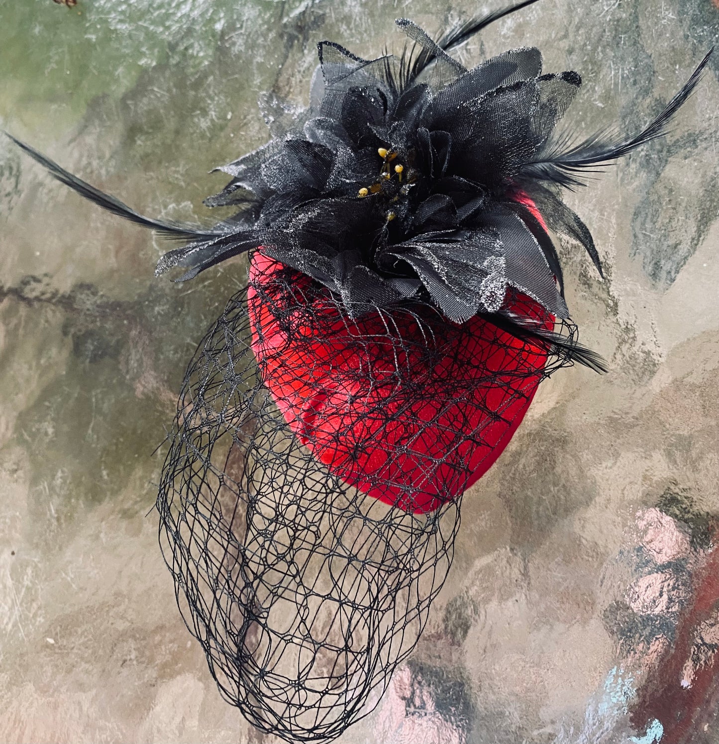 Fascinator  Heart Shaped Red w Black Flowers and Net Hair Ornment/Hat  0001