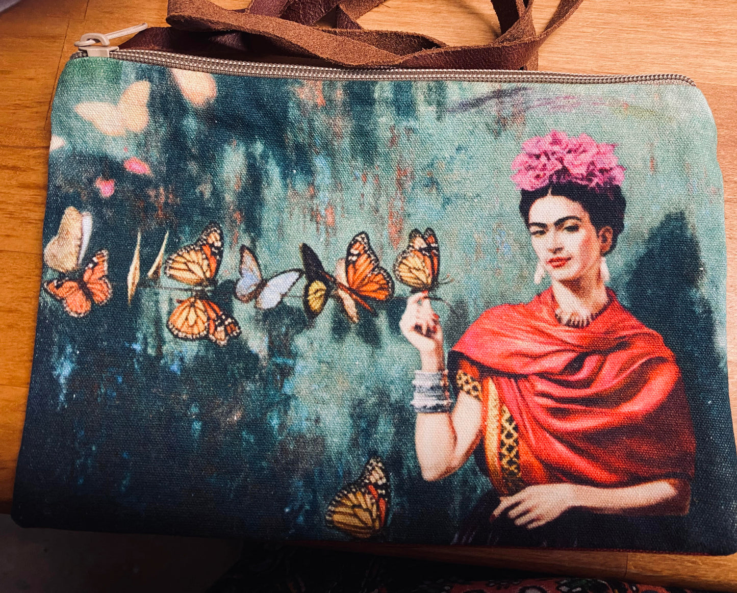 Frida Kahlo w/ Butterflies Sling Bag -Heavy Cloth Top Zip  NEW   #003