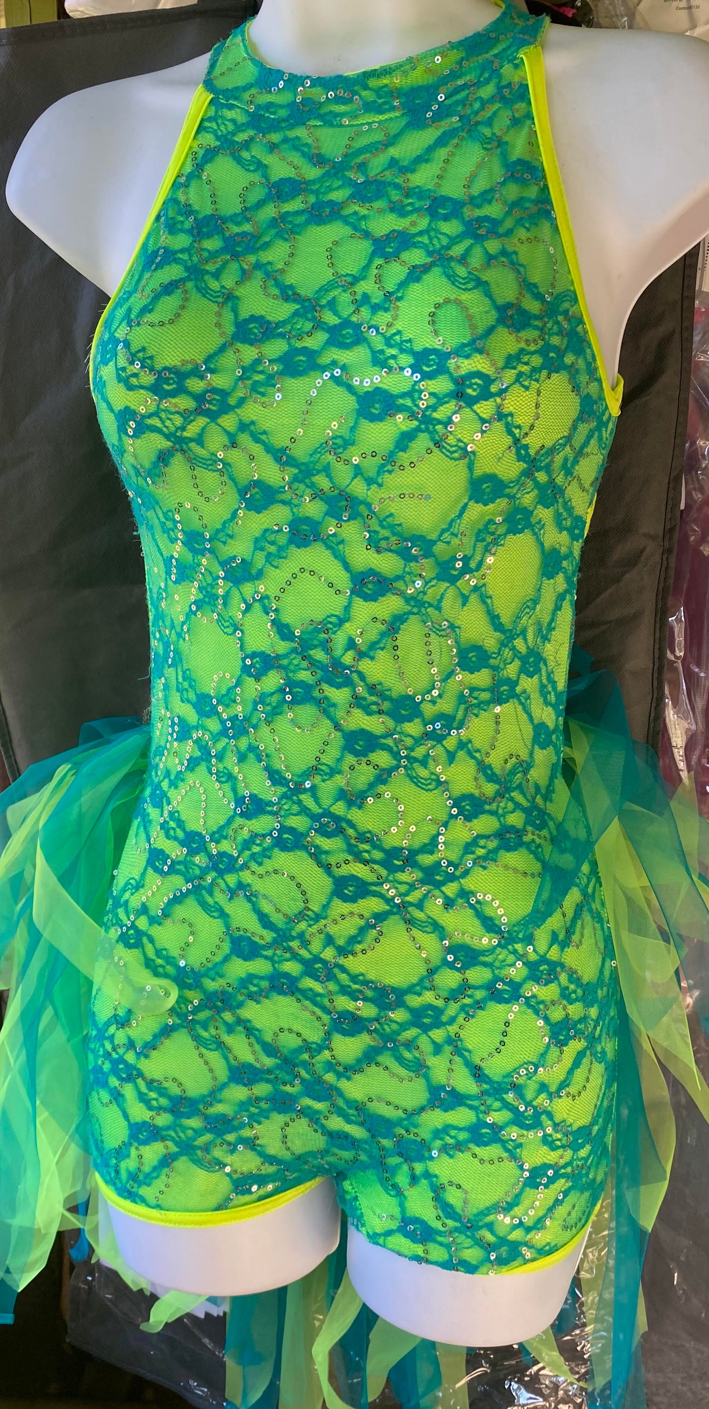Costume Gallery Lime and Teal Lace Sequined Leo & Tail Strips    LC/SA  #90