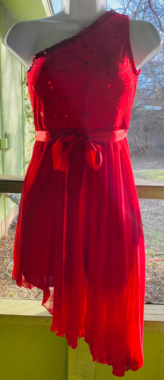 Weissman Sparkling Red Romantic One Shoulder Flowing Lyrical Dress LC   #100